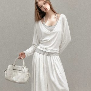 White V-Neck Long Sleeve T-Shirt for Women 2026 Fall Two-Piece Cami Set