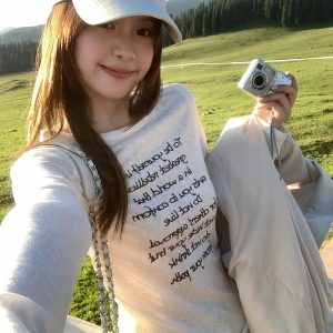 Women's Casual Long Sleeve T-Shirt with Letter Print and Drawstring