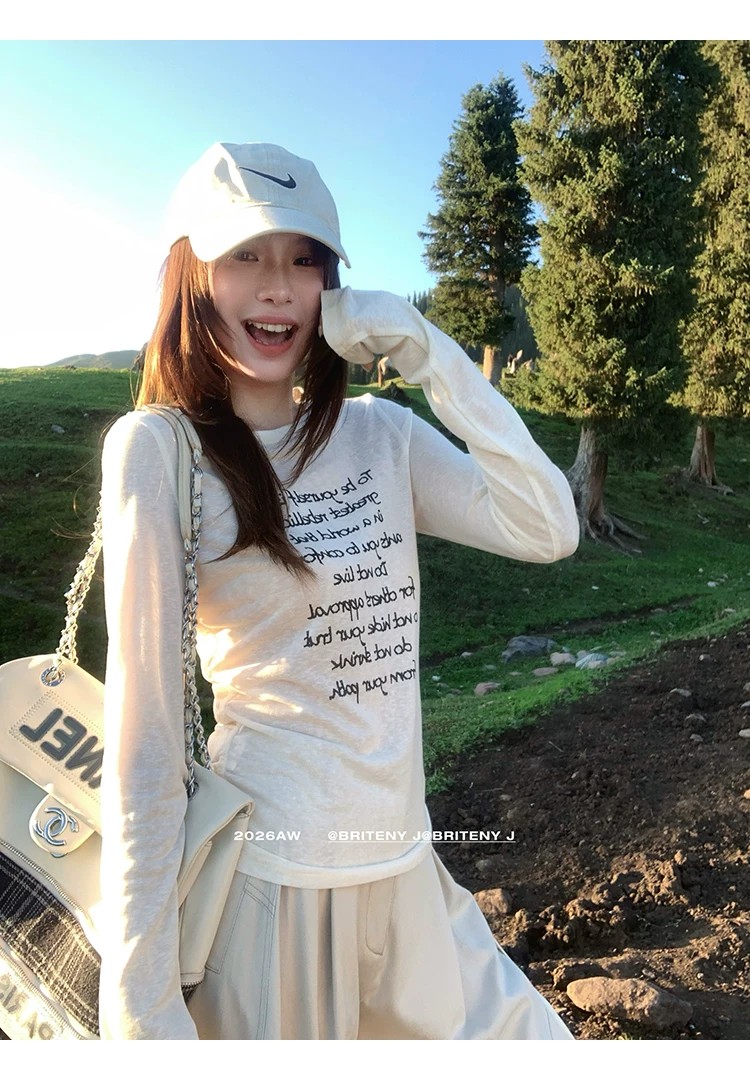 Women's Casual Long Sleeve T-Shirt with Letter Print and Drawstring - Image 2