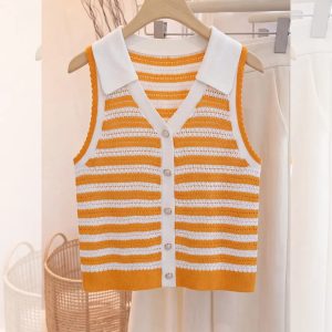 Orange Striped Polo Collar Knit Cardigan Camisole Top for Women Summer