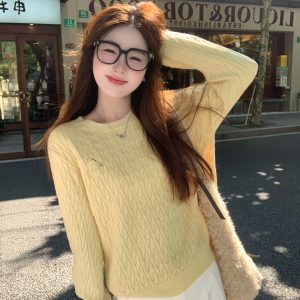 Women's Yellow Knit Sweater 2026 Fall Pullover with Horse Logo