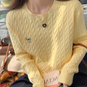 Yellow Low Round Neck Knit Sweater Women Autumn Base Layer 2026 New Style Small Fragrance Top Embroidered Long Sleeve Base Shirt