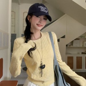Women's Cable Knit Sweater Blue Crew Neck Pullover Fall Winter Top
