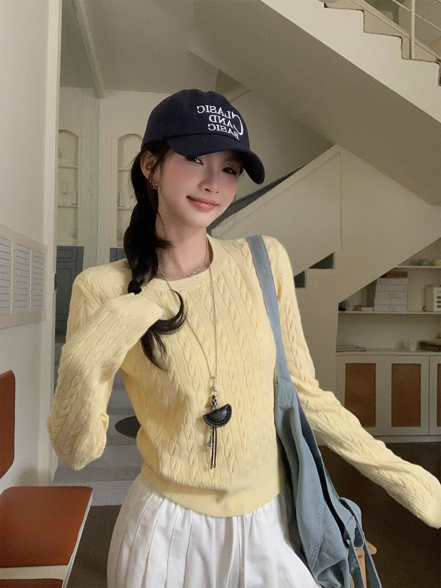 Women's Cable Knit Sweater Blue Crew Neck Pullover Fall Winter Top