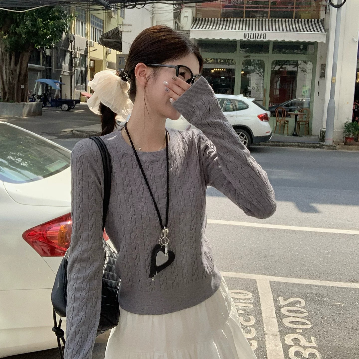 Women's Cable Knit Sweater Blue Crew Neck Pullover Fall Winter Top - Image 5