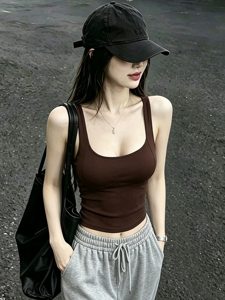 Women's Brown U-Neck Camisole Tank Top Sexy Slim Short Summer Top - Image 2