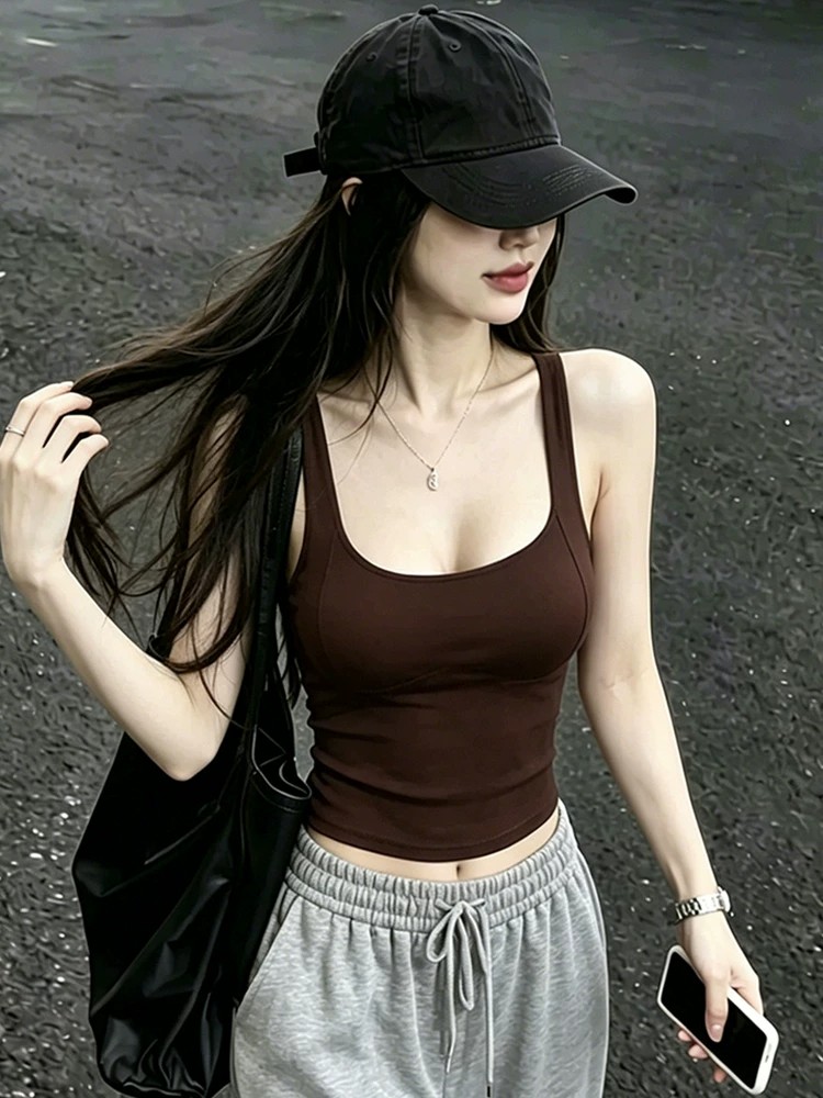 Women's Brown U-Neck Camisole Tank Top Sexy Slim Short Summer Top - Image 3