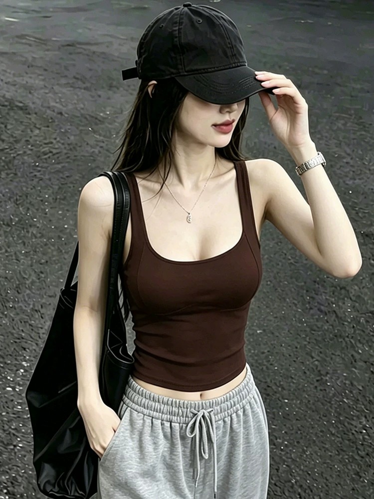 Women's Brown U-Neck Camisole Tank Top Sexy Slim Short Summer Top - Image 4