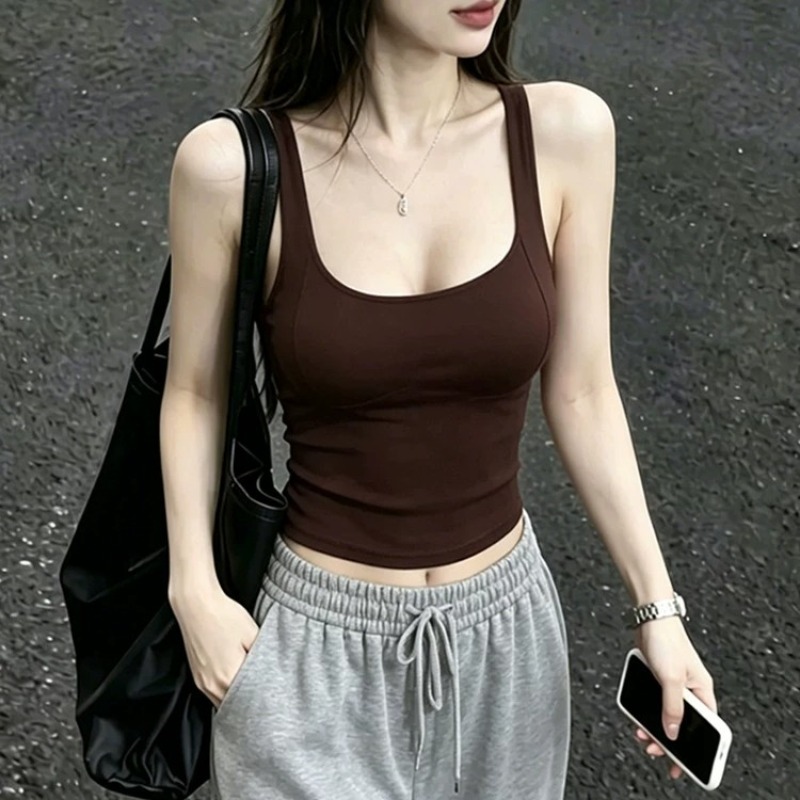 Women's Brown U-Neck Camisole Tank Top Sexy Slim Short Summer Top - Image 5
