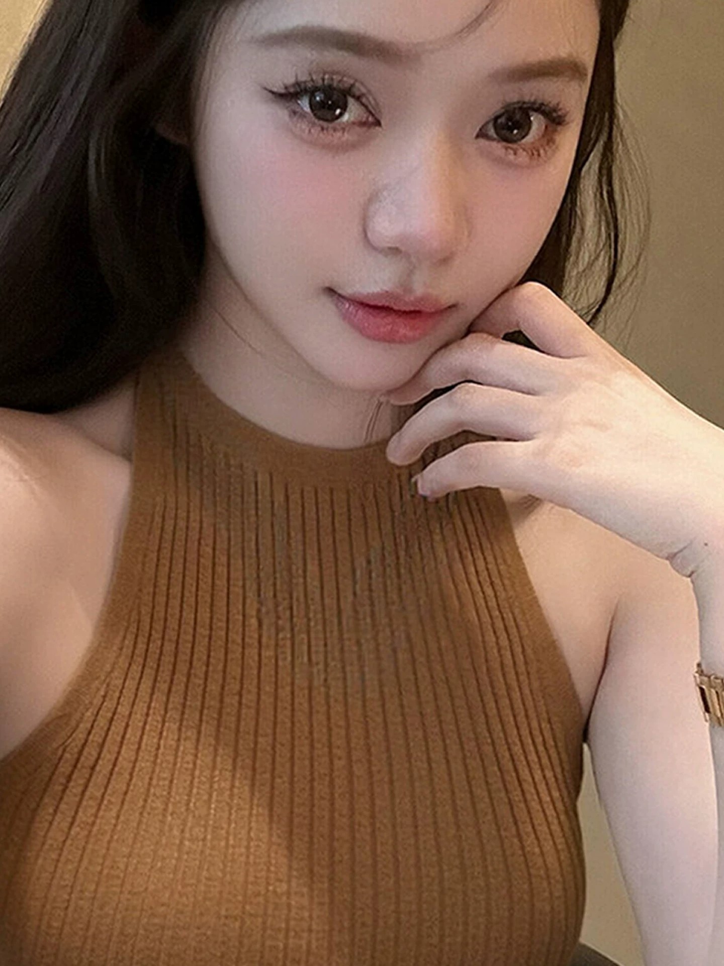 Korean Brown Round Neck Sleeveless Knit Top for Women 2026 Summer New Sweet Elegant Slimming Camisole - Image 2